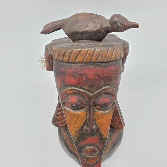 African Tribal Handcarved Wooden Mask With Bird Sculpture Decoration - Picture 3 of 10